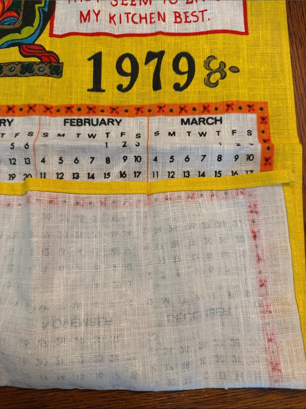 New Vintage-Style Yellow Kitchen Linen Calendar Tea Towel - 1979 16x28”